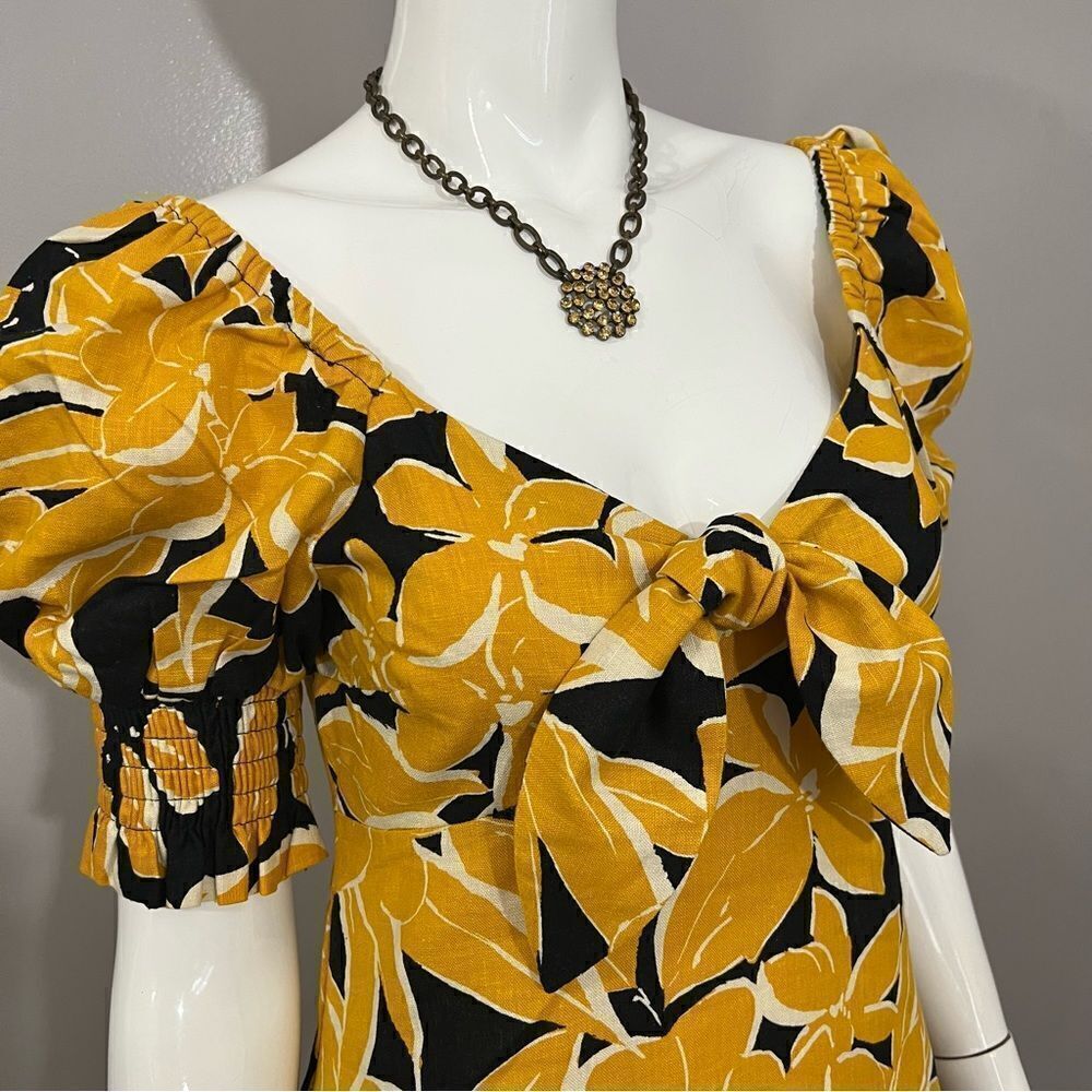 NWT Who What Wear Black/Yellow Linen Floral Print Puff Sleeve Dress - XS - Picture 6 of 16